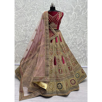 Embroidered Velvet Lehenga in Maroon