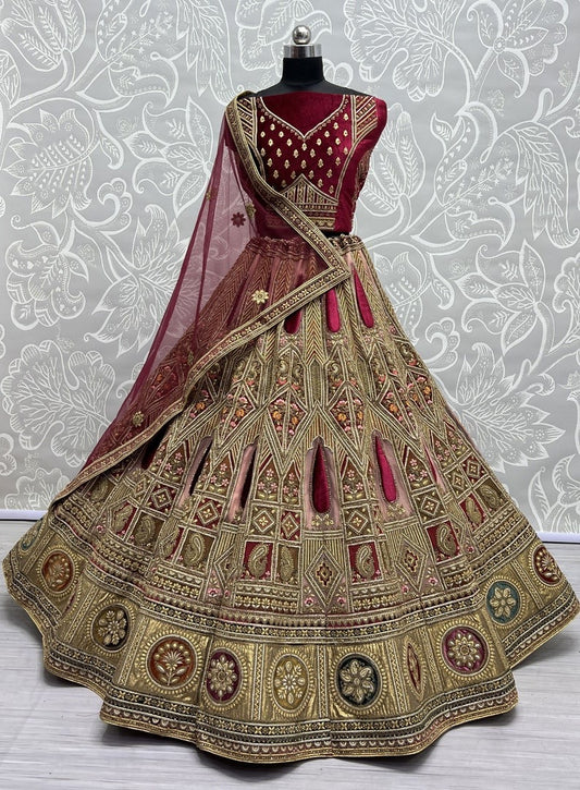 Embroidered Velvet Lehenga in Maroon