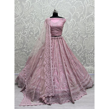 Net Fabric Bridal Lehenga Choli With Embroidery Work In Pink Color
