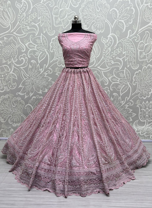 Net Fabric Bridal Lehenga Choli With Embroidery Work In Pink Color