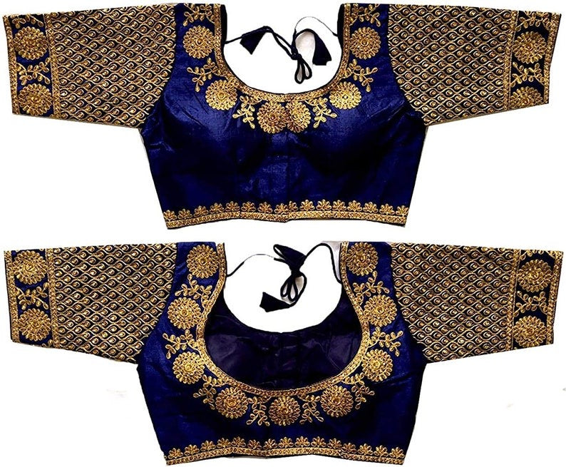 Silk Blue Ladies Embroidery Half Sleeve Blouse