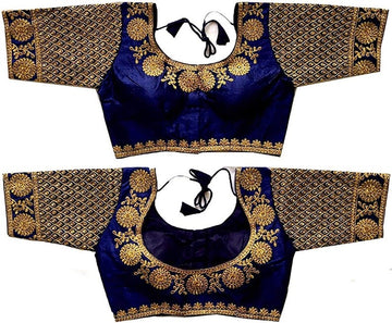 Silk Blue Ladies Embroidery Half Sleeve Blouse