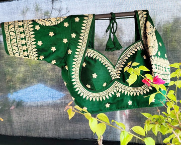 Green Floral Embroidery Pattern Readymade Designer Saree Blouse