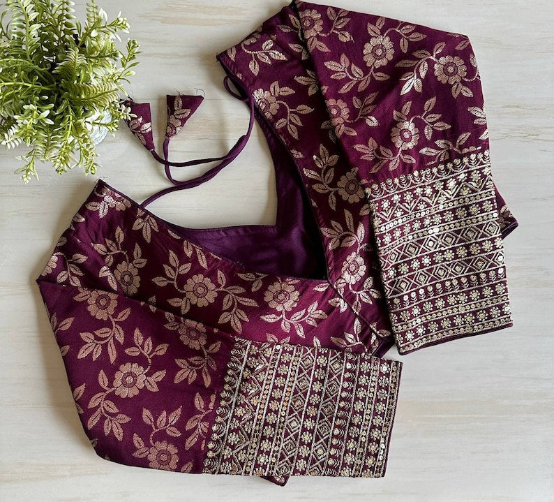 Maroon Brocade Embroidery Pattern Readymade Designer Saree Blouse