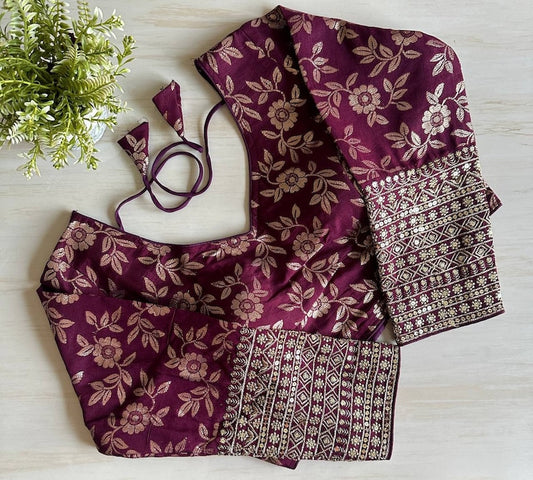 Maroon Brocade Embroidery Pattern Readymade Designer Saree Blouse