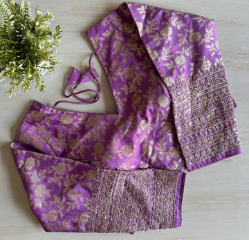 Purple Brocade Embroidery Pattern Readymade Designer Saree Blouse