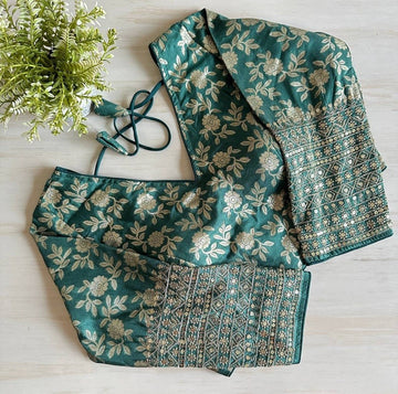 Green Brocade Embroidery Pattern Readymade Designer Saree Blouse