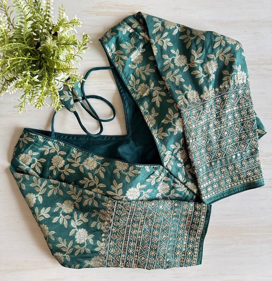 Green Brocade Embroidery Pattern Readymade Designer Saree Blouse