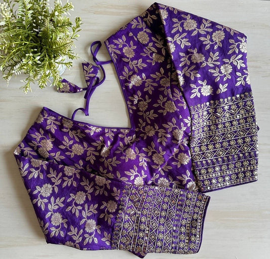 Purple Brocade Embroidery Pattern Readymade Designer Saree Blouse