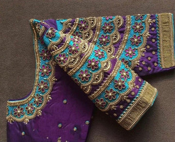 Raw silk purple Maggam work blouse with zari stone beads kundans and thread work filling