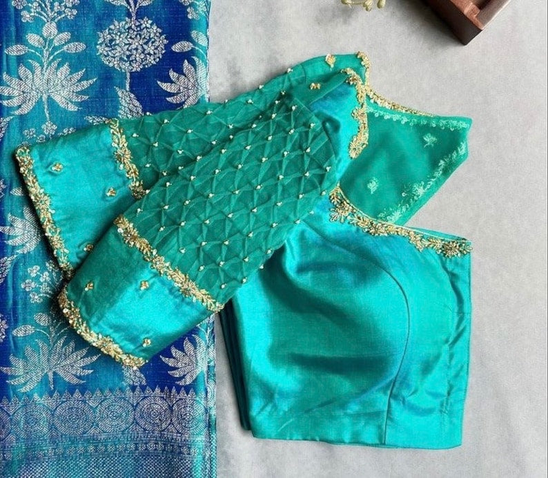 turquoise green embroidered blouse