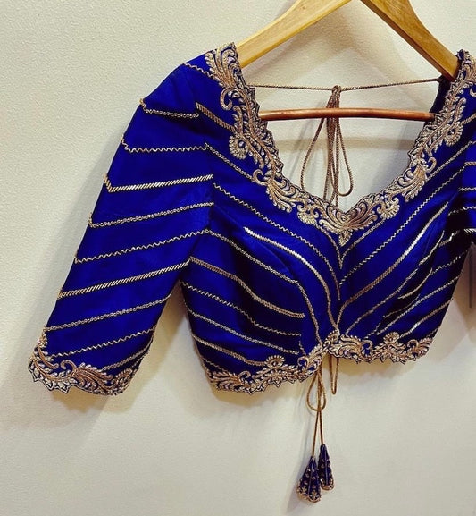 Navy blue silk hand embroidery blouse
