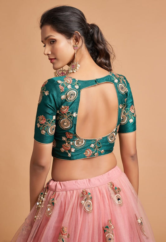 Tranding Co Women's Net Embroidered Semi-Stitched Lehenga Choli with Dupatta (Peach-Wedding-Girlish-Latest-Lehenga)