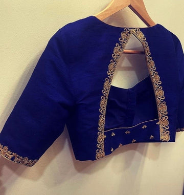 Navy blue silk hand embroidery blouse
