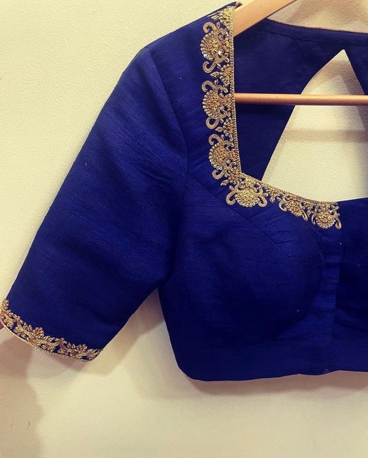Navy blue silk hand embroidery blouse