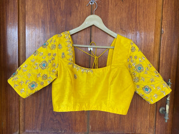 pure yellow silk hand embroidery blouse