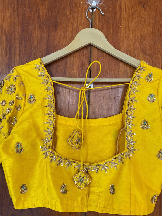 pure yellow silk hand embroidery blouse