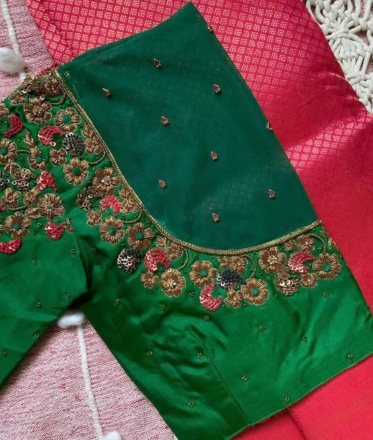 pure silk green multicolor hand embroidery