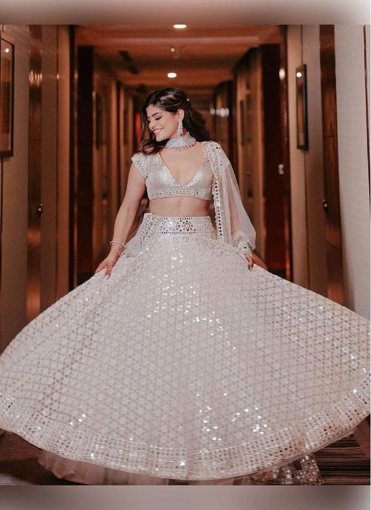 White Coloured Paper Mirror Work Designer Lehenga Choli