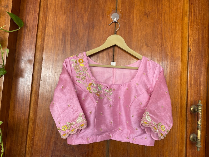 pink Pure silk hand embroidery blouse