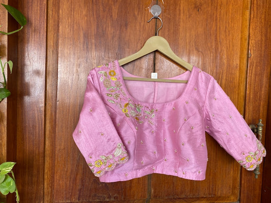 pink Pure silk hand embroidery blouse