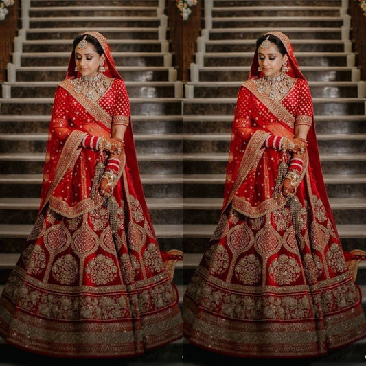 Semi-stitched Red Colored Bridal Malay Satin Lehenga Choli With Hand And Embroidery, Size: Free Size