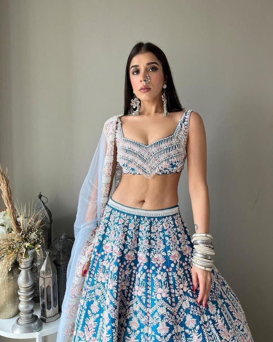 Embroidered Sequinned Semi-Stitched Lehenga & Unstitched Blouse With Dupatta