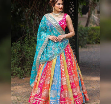 Rainbow Heavy Satin Embroidery Sequence Work Lehenga Choli With Blouse