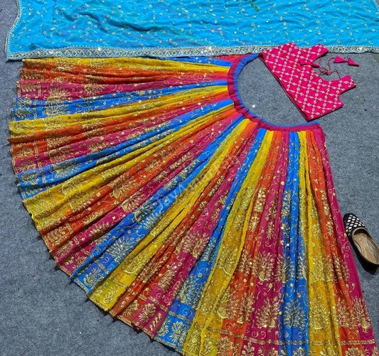 Rainbow Heavy Satin Embroidery Sequence Work Lehenga Choli With Blouse