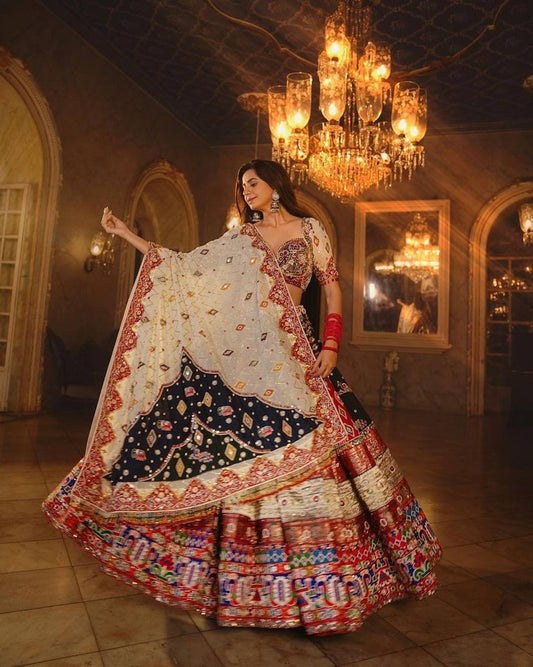 Red cotton mirror work gujarati garba ghagra navratri lehenga chaniya choli
