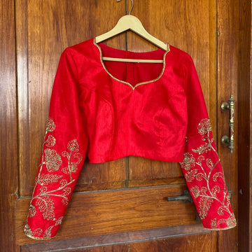 pure red silk hand embroidery blouse