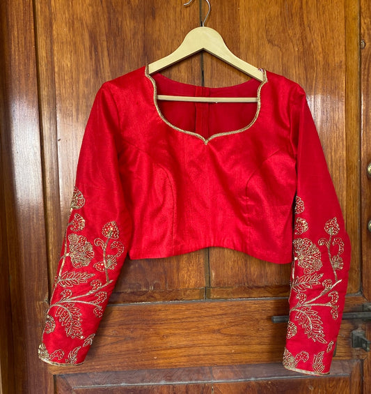 pure red silk hand embroidery blouse