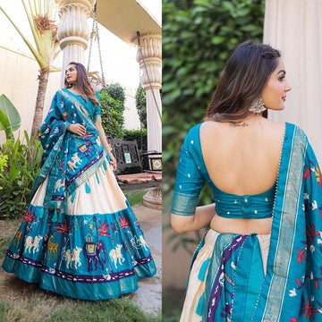 RANGOLI ART Lehengha Choli For Womens And Girls Dola Silk Fabric With Patola Print and Foil Work Speciel Traditional Events Blue