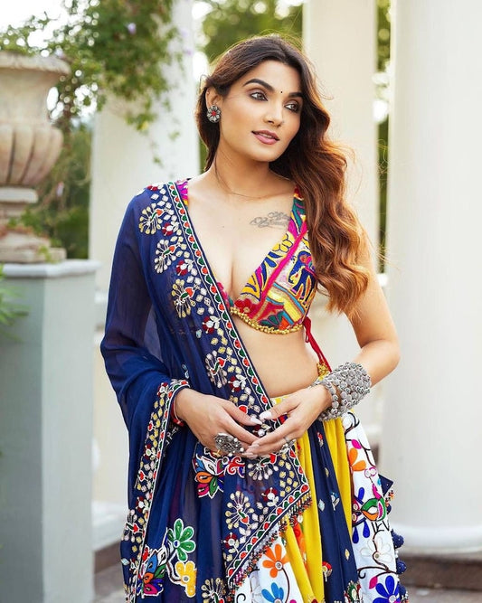 DESIGNER SILK DIGITAL PRINT MIRROR WORK LEHENGA CHOLI WITH DUPATTA PARTY WEAR