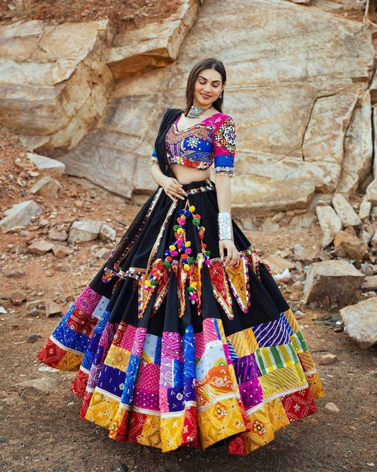 Multi Color Cotton Mirror Work Navratri Lehenga Choli