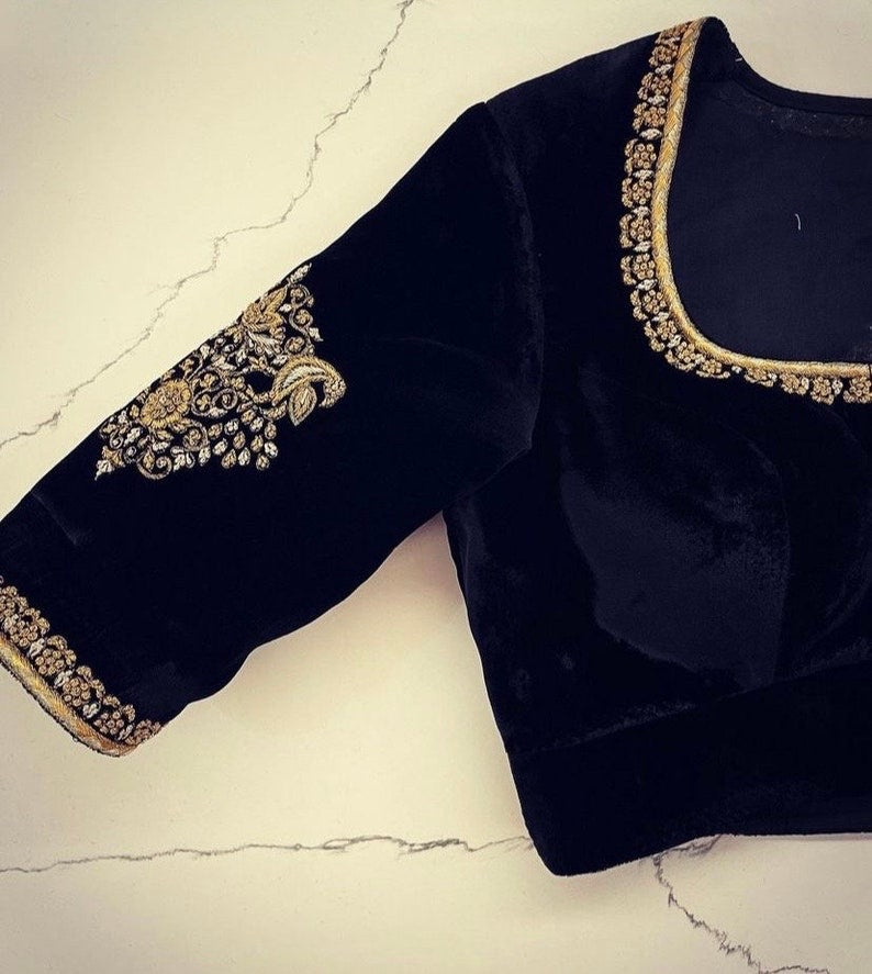 pure black velvet hand embroidery blouse