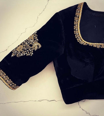 pure black velvet hand embroidery blouse