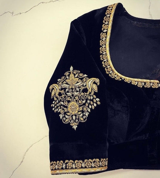 pure black velvet hand embroidery blouse