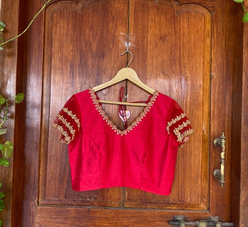 Red ruffle sleeve hand embroidery blouse