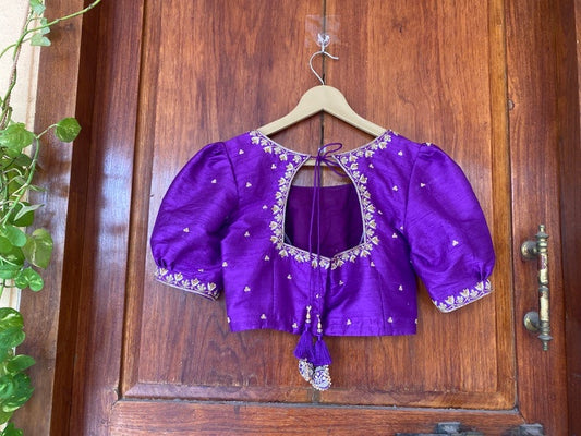 Purple puff sleeve hand embroidery blouse