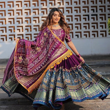 Heavy Hand Printed Bright Mor Peach Color Soft Silk Ruffle Lehenga