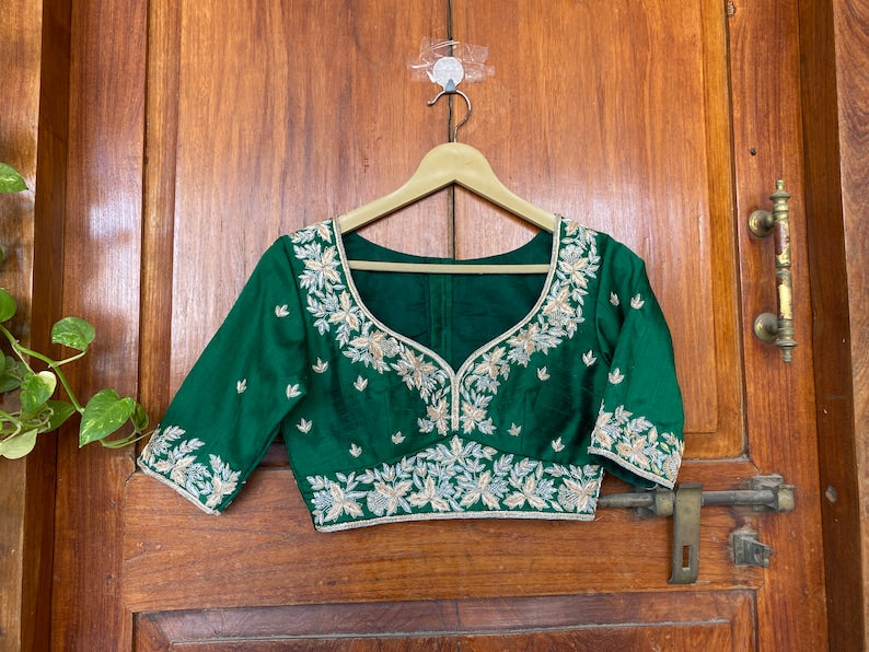 pure silk green hand embroidery blouse