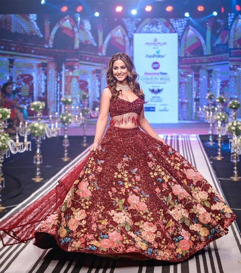Buy Heena Khan Style Red Color Sequence Embroidery work Lehenga Choli