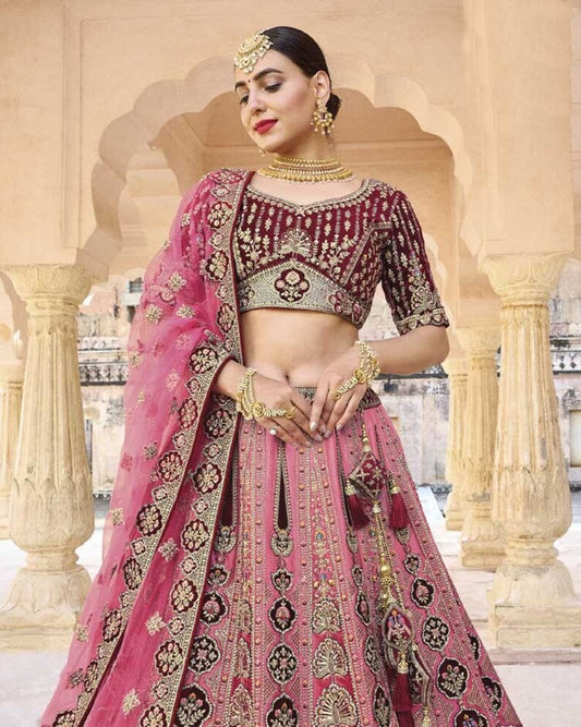 Watermelon pink heavy embroidered designer bridal lehenga