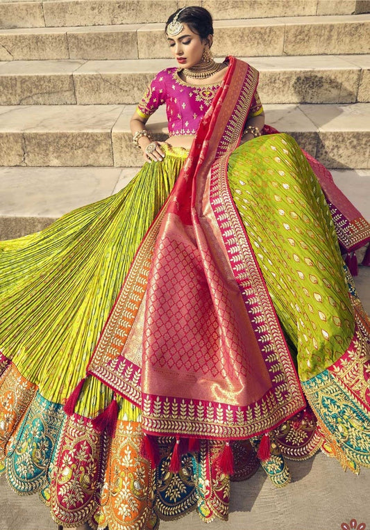 Crushed Silk Beautiful Green Lahenga Skirt with Pink Embellished Gotta Blouse