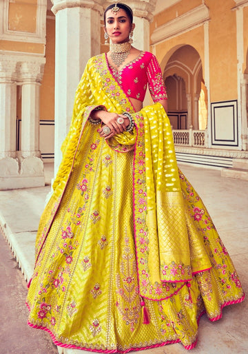 Mustard Color Silk Embroidered Unstitched Lehenga