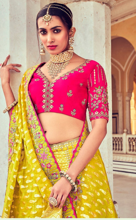 Mustard Color Silk Embroidered Unstitched Lehenga