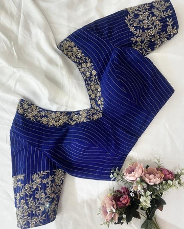 pure silk blue hand embroidery blouse