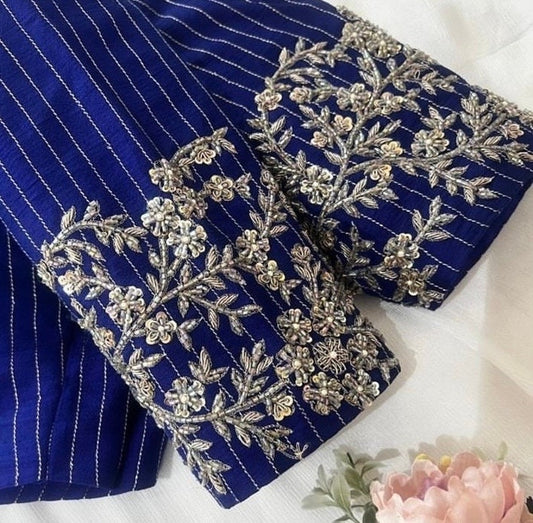 pure silk blue hand embroidery blouse