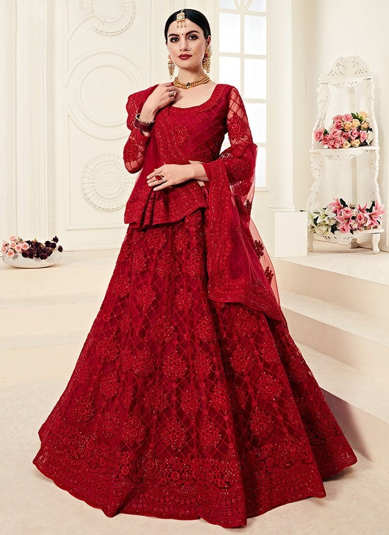 Embroidered Semi Stitched Lehenga Choli  (Red)